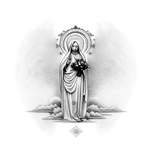 A Black-grey Tattoo Of The Virgin Mary Holding A Rose Bouquet With The Sky As The Background