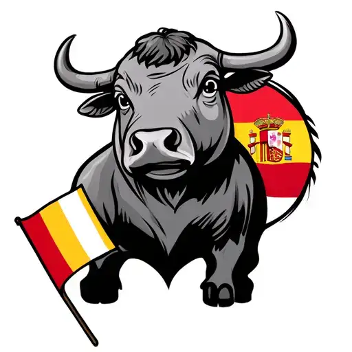 Cute Cartoon Bull Holding A Spainsh Flag Tattoo Design