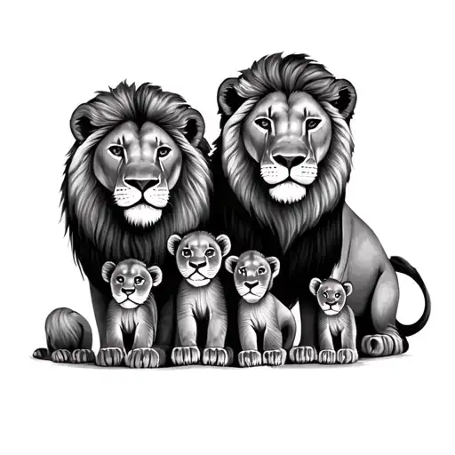Lion And Lioness With 4 Cubs Symbolising Love And Family