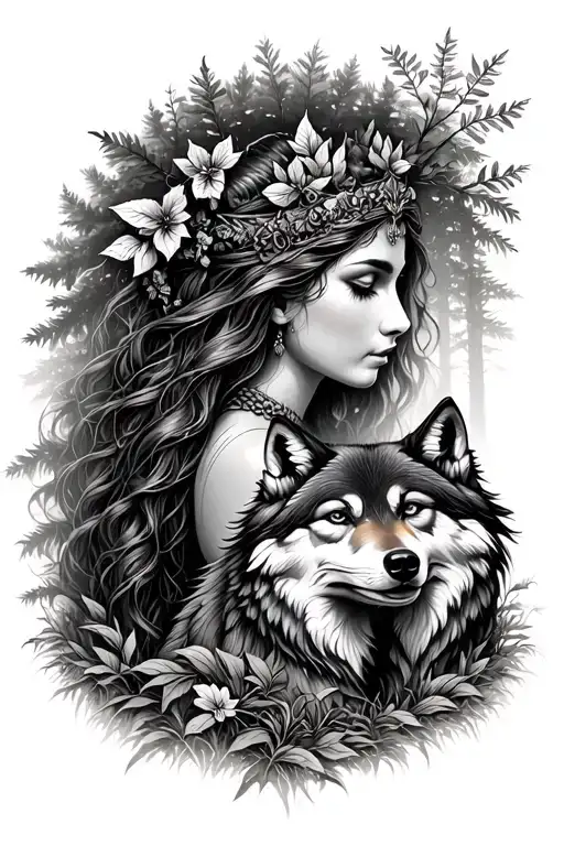 A Mother Nature Goddess Looking Over A Forest With A Wolf