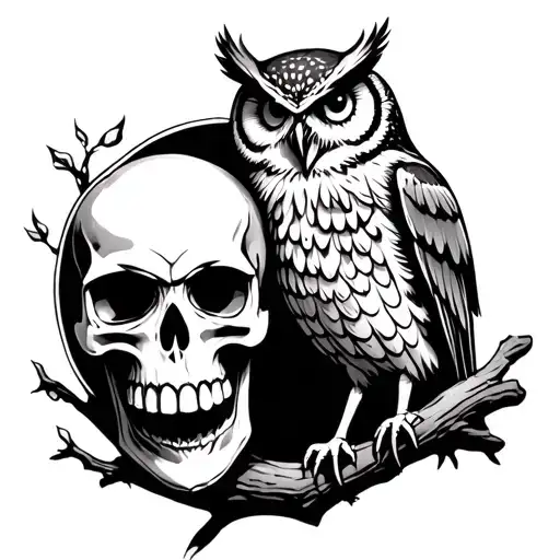 Skull And Owl Perched On A Branch