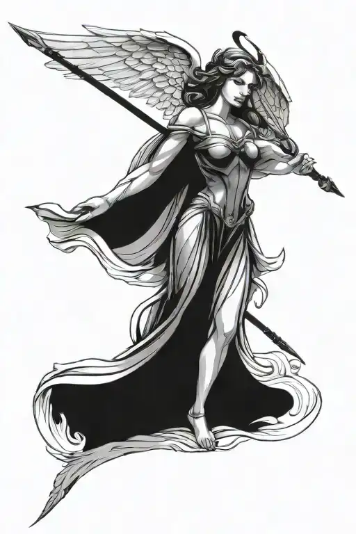 Angel With Wings Spread And Holding A Spear