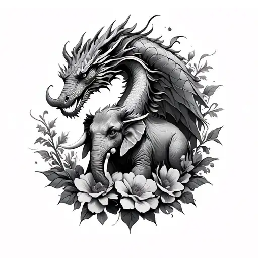 Dragon And Elephant Around Flowers