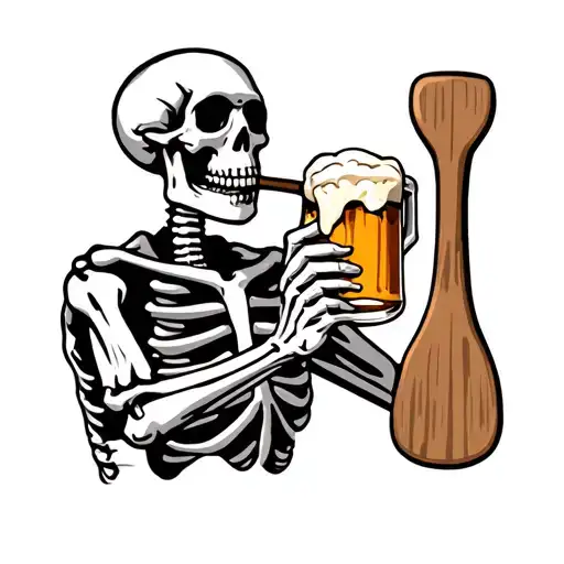 Skeleton Drinking Beer Leaning On A Mash Paddle