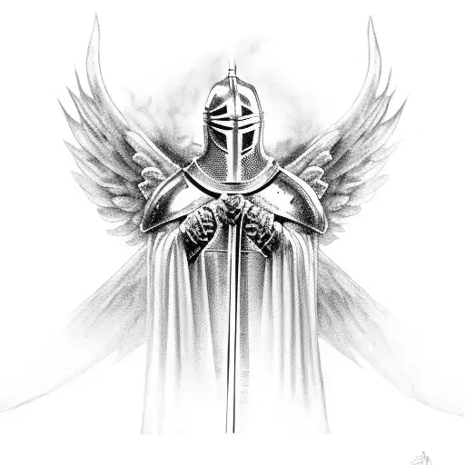 Knight With Angel Wings Holding A Flaming Sword