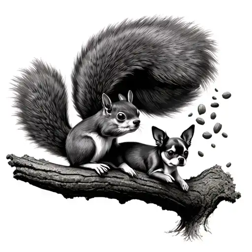 Squirrel Up A Tree Throwing Nuts Down At A Chihuahua