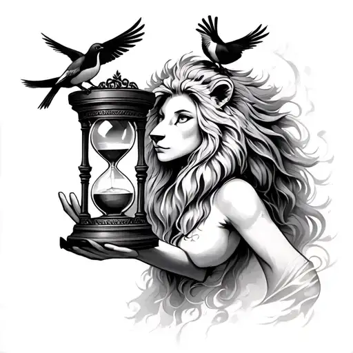 Half Lion Woman Holding An Hourglass With Birds On Top And A Sharinga In The Other Hand