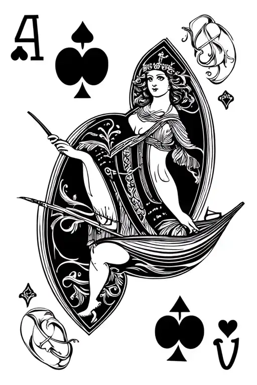 Queen Of Hearts Playing Card With Boat Fishing