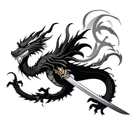 Chinese Black Dragon With Sword