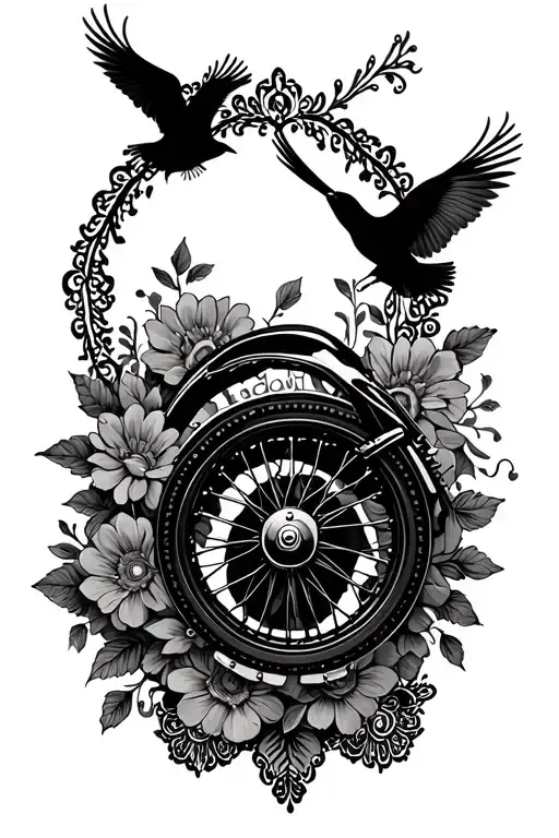 Floral Lace With Motorcycle Wheel And Birds Flying