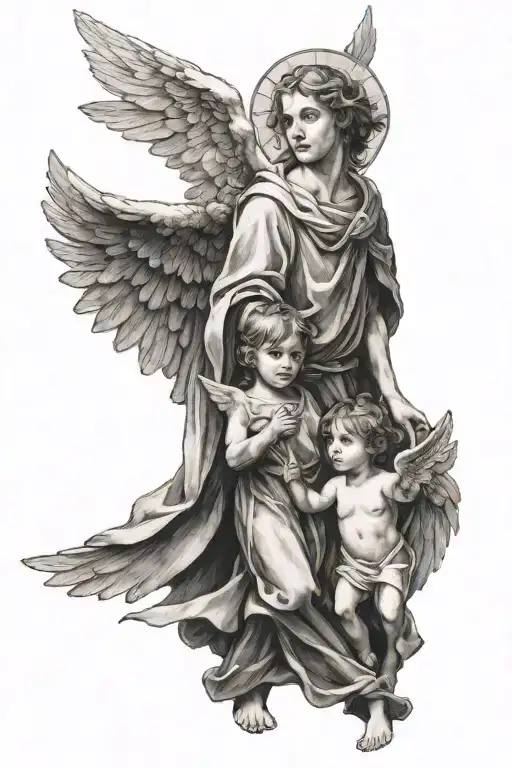 Saint Samuel With Wings While One Little Boy Walking Looking Up At Him With Angels Around Him