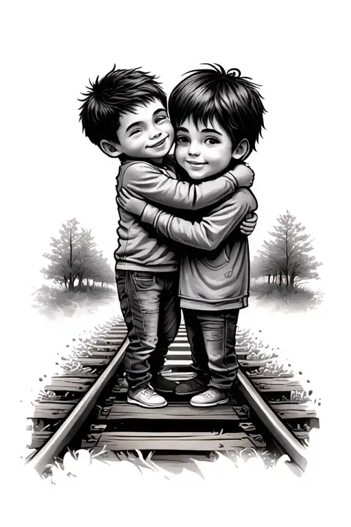Father And Son Hugging In Railway Tracks