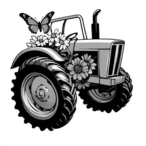 A Simple Line Tractor Tattoo With Flowers And A Butterfly