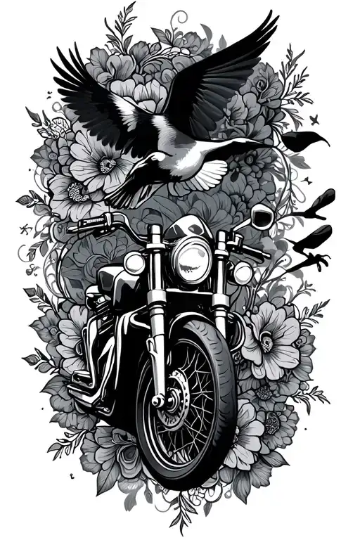 Floral Lace With Motorcycle And Birds Flying