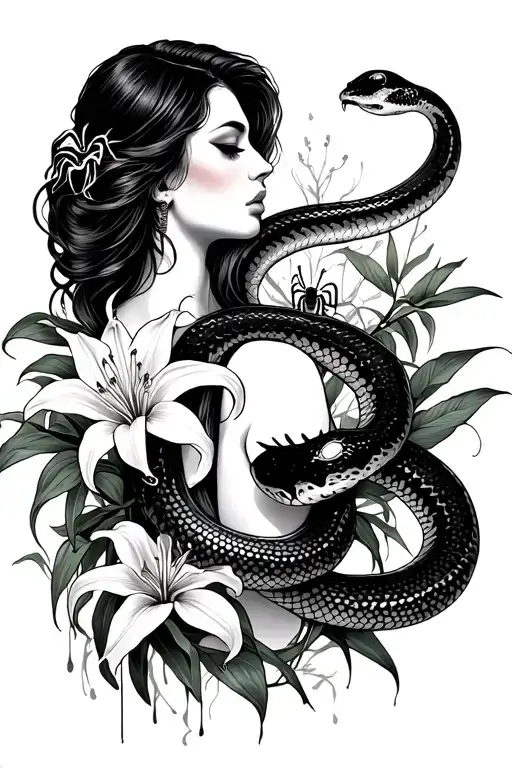 Woman With A Snake And Spider Lilies