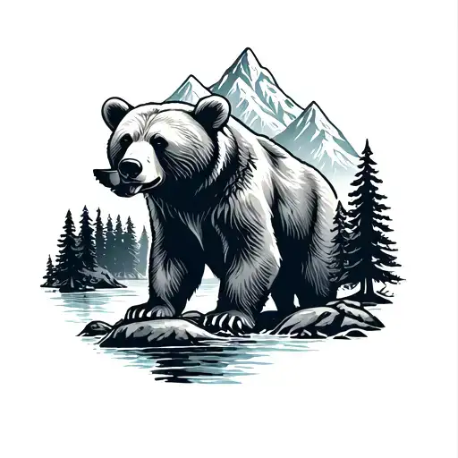 Bear And Mountains And Enduro Forest Mountain River