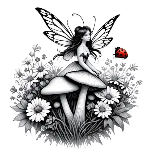 Fairy Flying Over Bundle Of Flowers And Mushrooms Ladybug