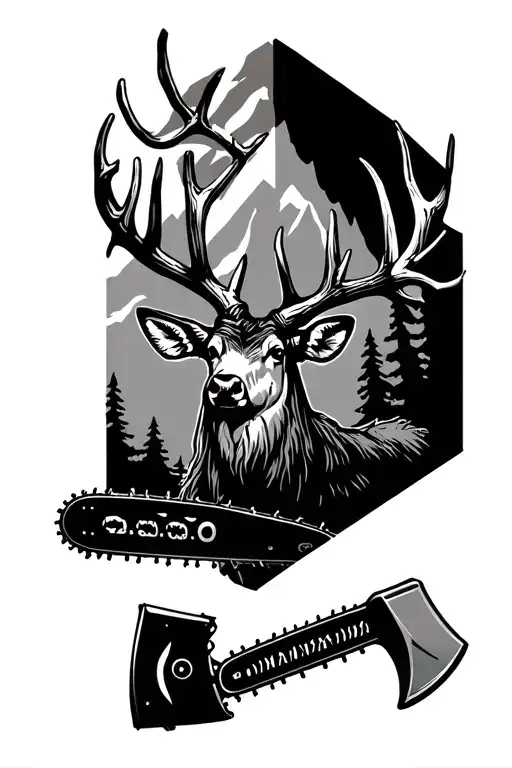 Deer Antler Mountin Back Ground With Chainsaw And Axe