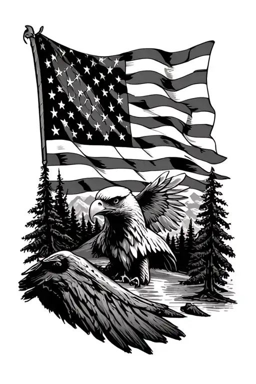 American Flag With Baked Eagle And Woods On The Mountains