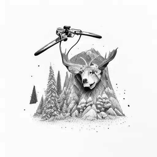 Design A Realistic Black And Grey Tattoo Depicting A Mountain Biker Surrounded By A Forest