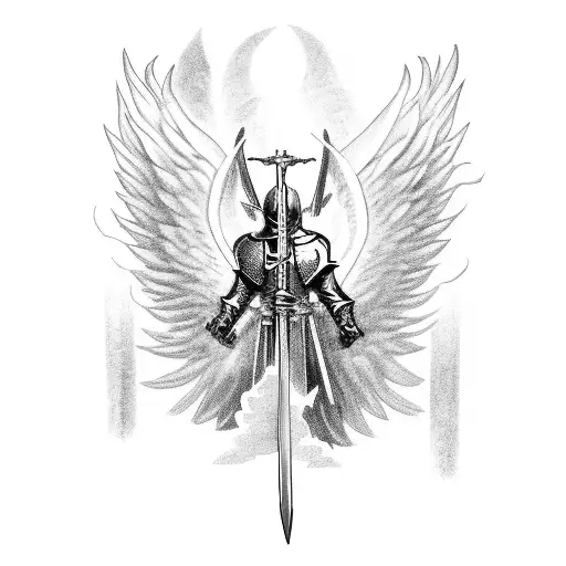 Knight With Angel Wings Holding A Flaming Sword