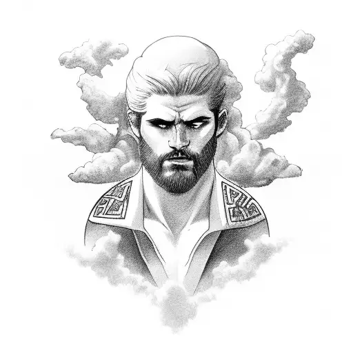 Head Of Greek God With Clouds And Lightening In The Background