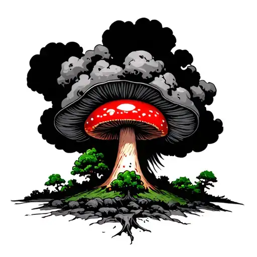 Red Nuclear Mushroom From Nuclear Explosion Smooth Transition To Green Tree