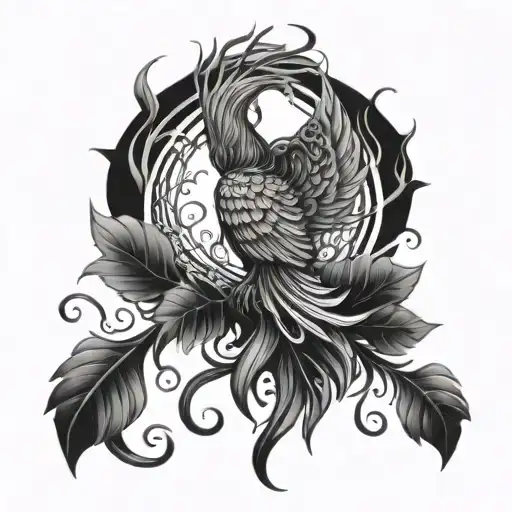 A Phoenix Rising From A Bed Of Mushrooms Surrounded By Swirling Vines And Skulls