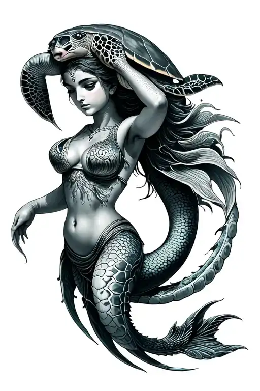 Aquarian Siren With Sea Turtle Swimming Gracefully