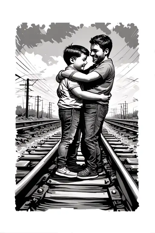 Dad And Son Hugging In Railway Tracks