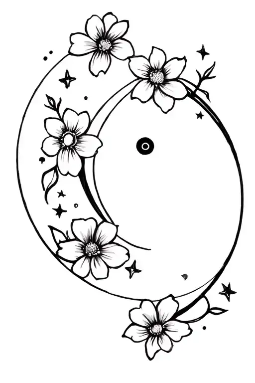 Thin Line Flowers And Stars Forming A Yin Yang Symbol