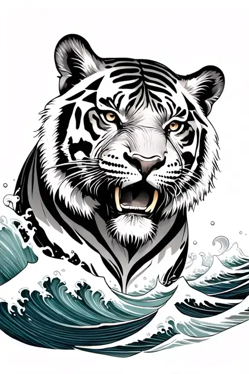 Tiger In Ocean Wave Crashing