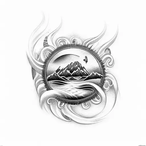 A Black-grey Tattoo Featuring An Ocean Climate Symbol With Porcupine Quills Forming The Waves