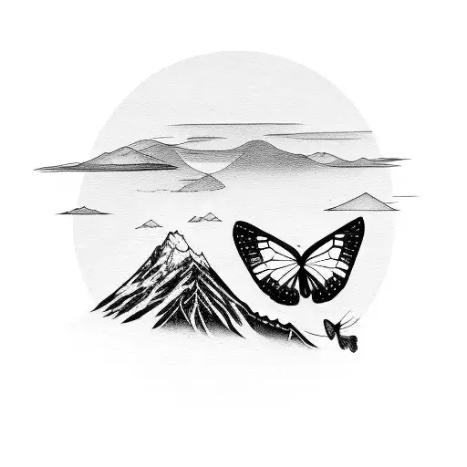 Mountain With Sunrise And A Butterfly