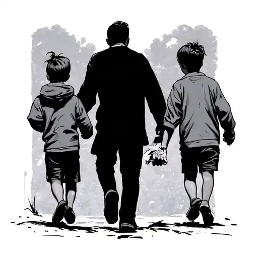 Man With His Two Kids Walking Away