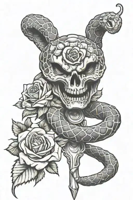 Angry Rattle Snake Wrapped Around Cross With Roses And Vines In The Background