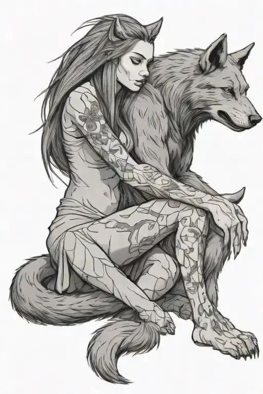A Big Wolf Werewolf Sits And Hugs A Beautiful Young Woman With One Paw