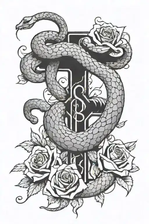 Snake Curled Around A Cross With Roses