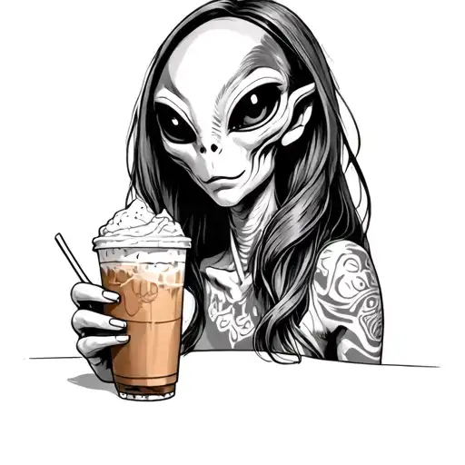 Girl Alien Holding Iced Coffee