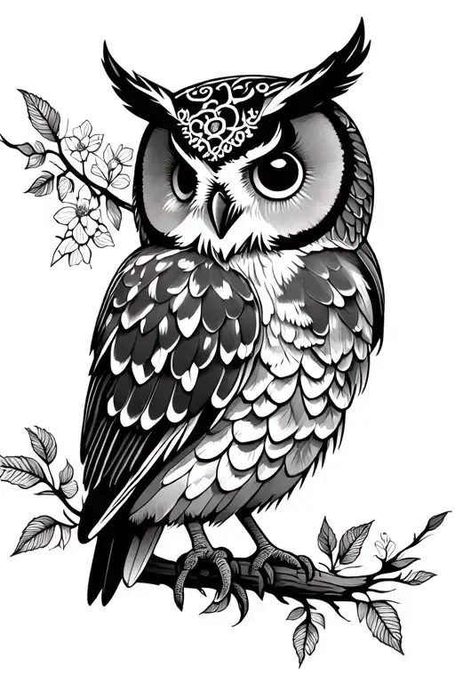 Cute Owl In Forest Scene With Floral Lace Accents