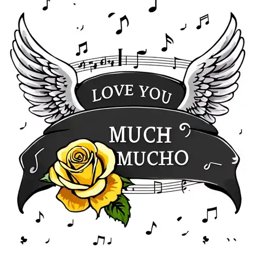 Memorial Tattoo With Saying Love You Mucho Mucho With Music Note Yellow Rose And Angel Wings