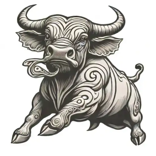 A Bull Fighting A Musical Note In A Blackwork Style