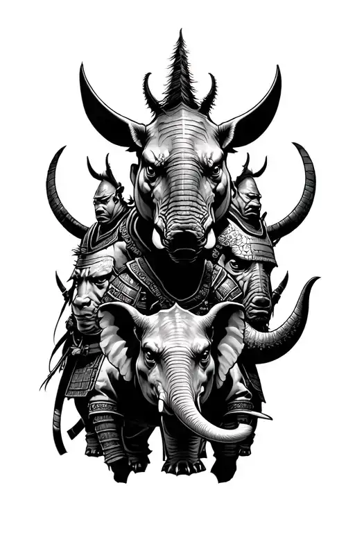 2 Samurai With A Rhinoceros Head With A Samurai With An Elephant Head