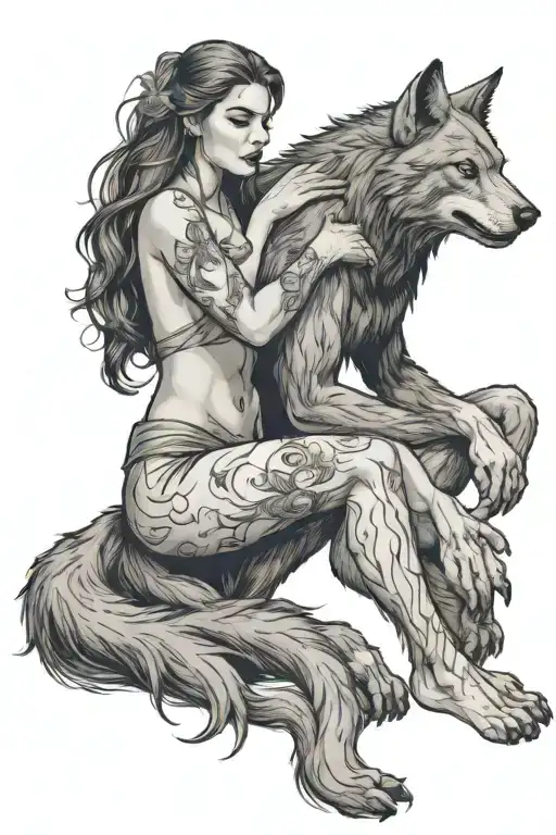 A Big Wolf Werewolf Sits And Hugs A Beautiful Young Woman With One Paw