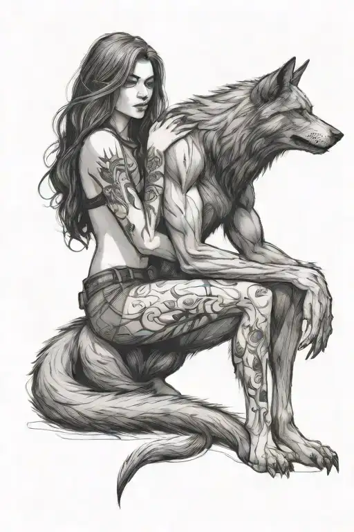 A Big Wolf Werewolf Sits And Hugs A Beautiful Young Woman With One Paw