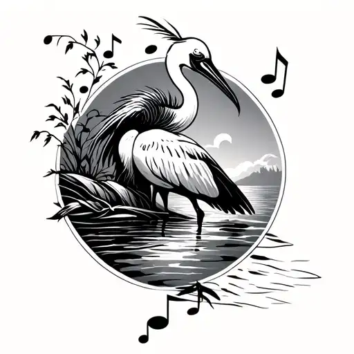 Music Notes Intertwined With An Ibis Bird And A River