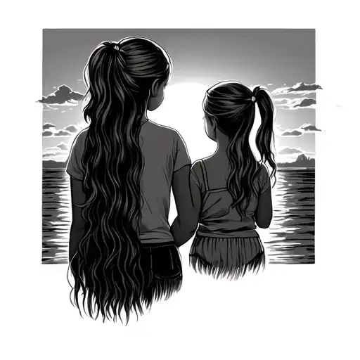 Mom Long Hair And Daughter With 2 Ponytail Hair Looking At The Sunset Scene