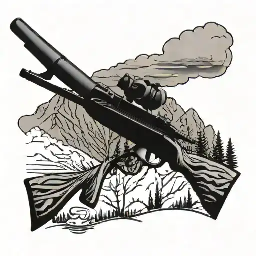 A Black-grey Tattoo Of A Hunting Rifle Silhouetted Against A Mountain Backdrop