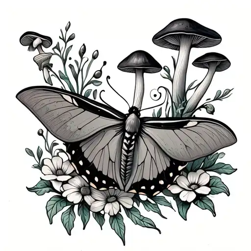 Luna Moth With Mushrooms And Flowers