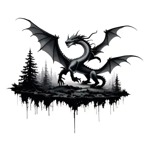 Dark Forest With Dragons Flying